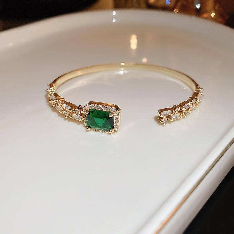 Emerald Zircon Open Bangle - Retro Elegant Light Luxury Versatile Bracelet