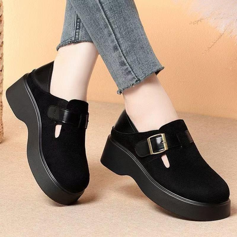 Autumn Thick-soled Heightening Buckle Women's New British Small Leather Shoes One-pedal Single Shoes Soft-soled Women's Shoes