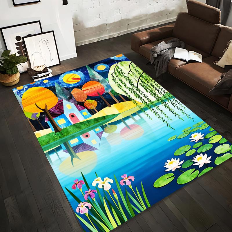 Colorful Artistic Landscape Carpet with House, Trees, and Pond Design Suitable for use as an anti-slip for living room bedroom sofas
