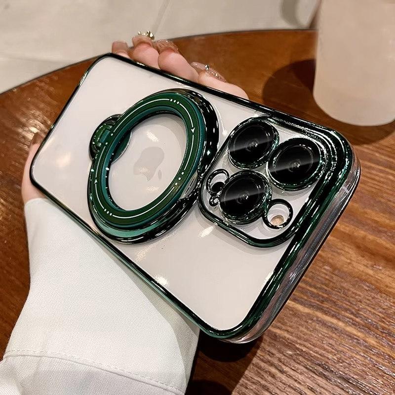 

Роскошный чехол Magsafe для беспроводной зарядки iPhone 11 12 13 14 15 16 Pro Max Plus с прозрачным магнитным кольцом и кронштейном, чехол-бампер iPhone 16 Pro Max зелёный