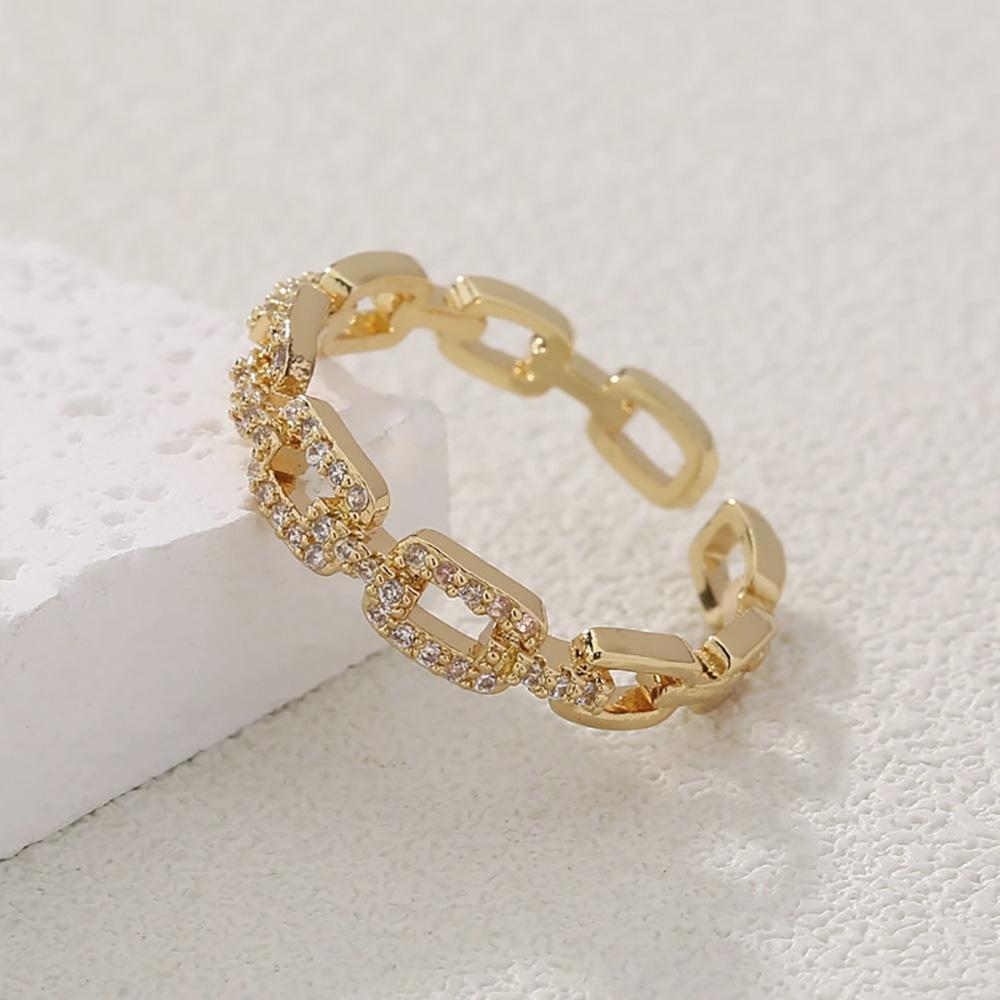 Gold Sliver Color Link Chain Shape Paved Diamond Cuff Rings For Women Copper Adjustable Figure Accessory