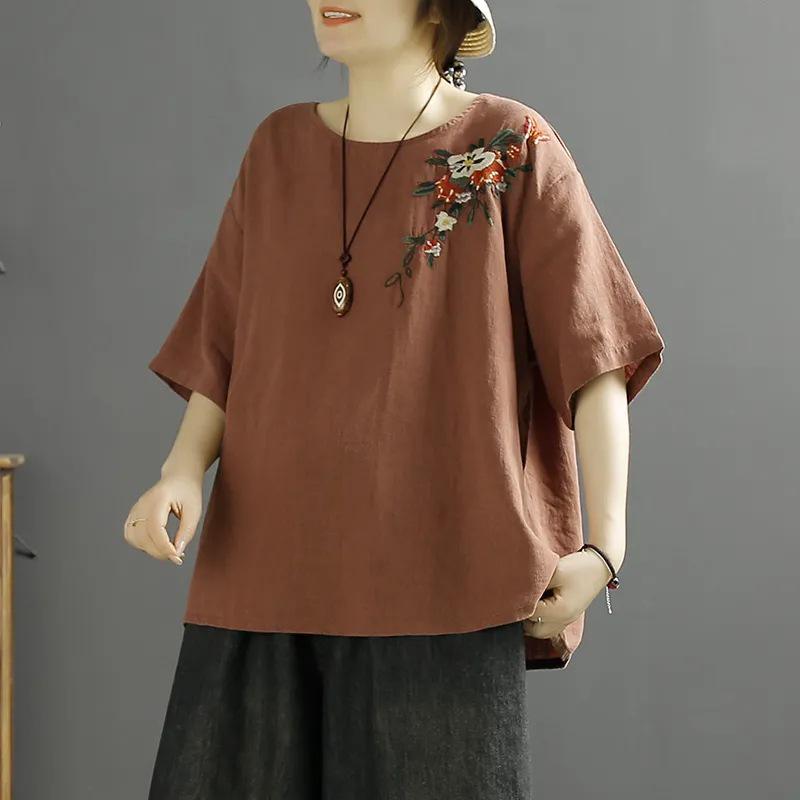 Women's Retro Embroidered Cotton-Linen Short Sleeve Top