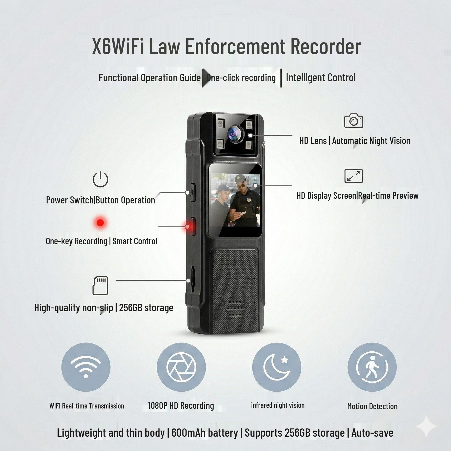 

1080P HD WiFi Law Enforcement Recorder with Infrared Night Vision, Wide Angle Lens, Long Battery Life, and Back Clip In Stock