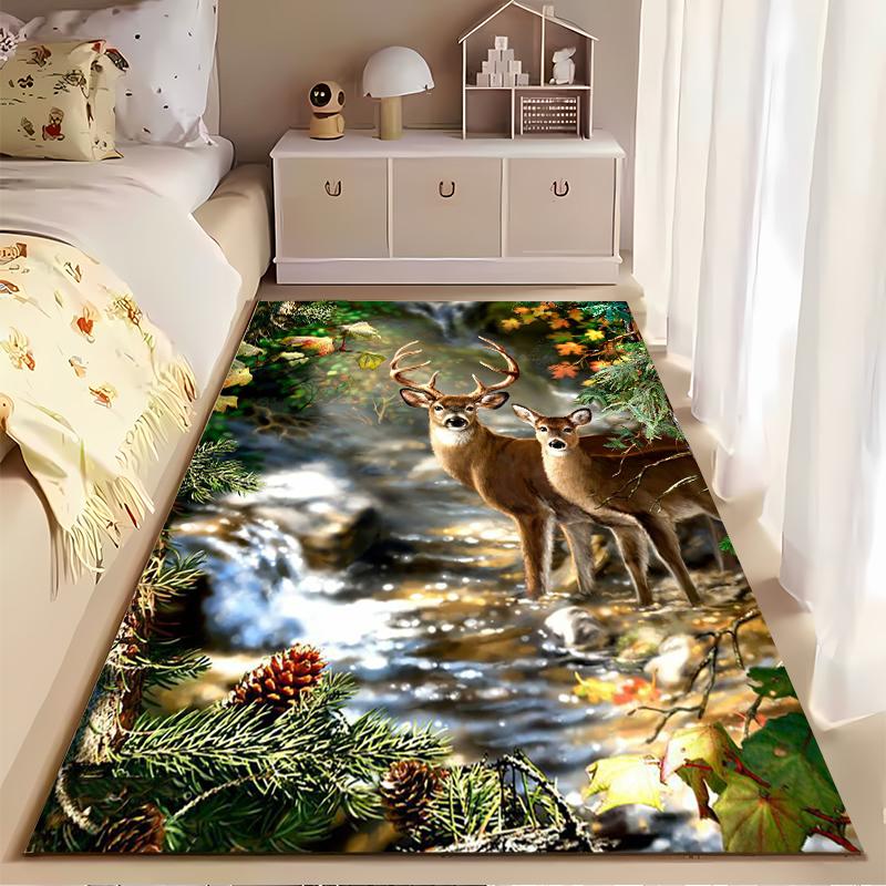 Deer In Forest by Stream Rug Design Non-slip Rug Suitable for Living Room and Bedroom Sofas.