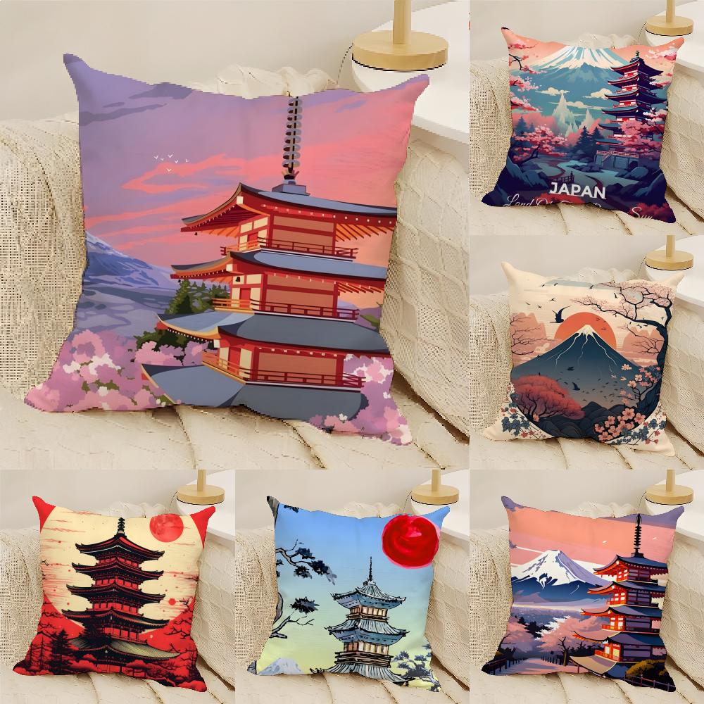 Retro Japanese Pagoda Landscape 1 Pillow Case Linen Cushion Covers For Decorative Sofa Home Pillows Case Car Chair Pillows Cases
