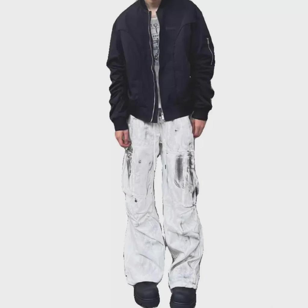 Unisex White Tie-Dye Straight-Leg Multi-Pocket Jeans