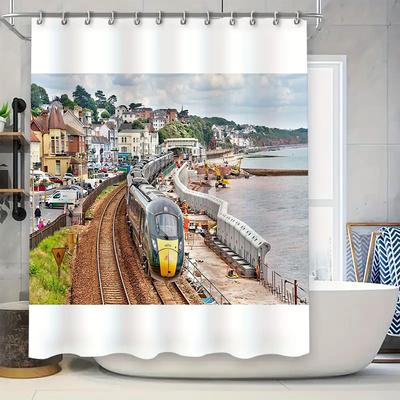 Train Scenic Shower Curtain Railway Landscape Bathroom Decor Vintage Steam Engine Travel Photography Backdrop Washroom Art