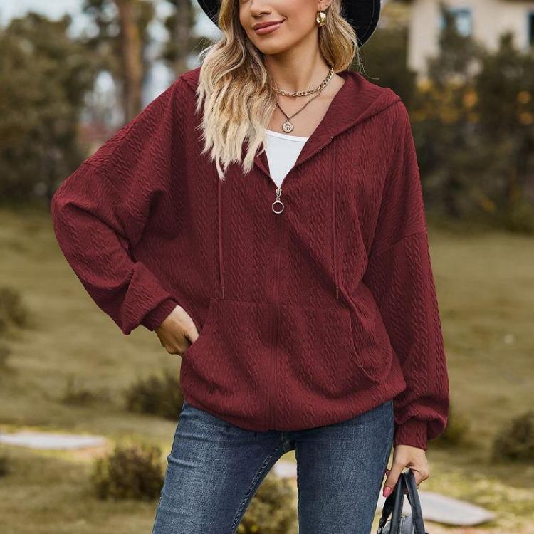 Women's Solid Color V-neck Zipper Loose Long Sweatshirt Jacket