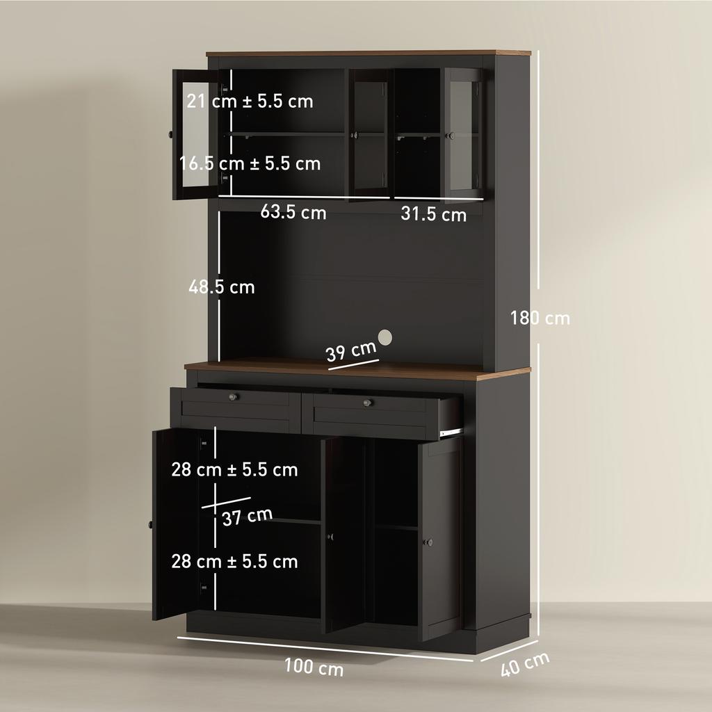 Tall Kitchen Sideboard with 4 Cabinets. 2 Drawers and a Central Shelf. 100x40x180cm. Black
