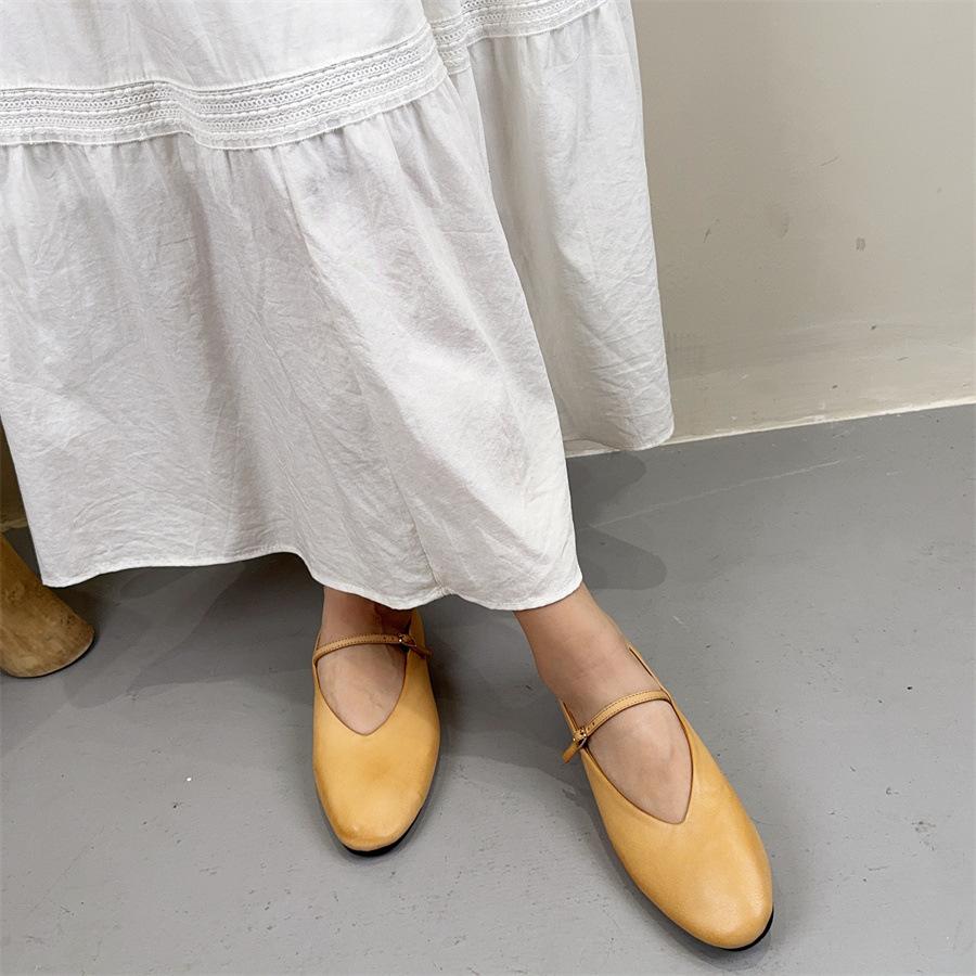 Johnature Genuine Leather Flats Women's Shoes Round Toe Casual Shallow Belt Buckle Soft Soled Shoes