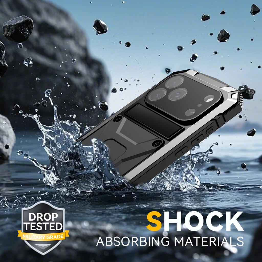 iPhone 17 Pro / Air / 16 Pro Max için 360 Koruyucu Sağlam Askeri Metal Kılıf Darbeye Dayanıklı Temperli Cam Dahili Silikon Kapak