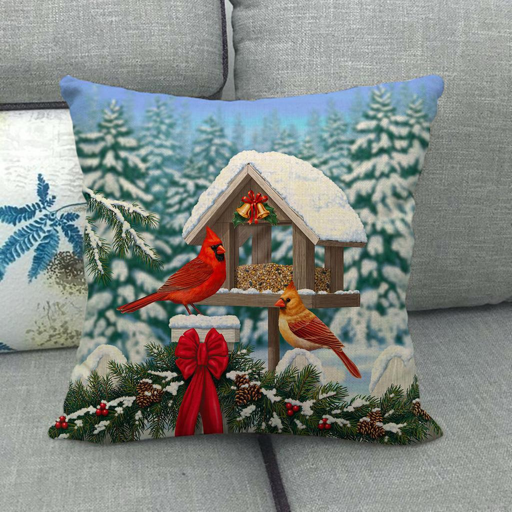 Christmas Spring Bird Flower Oil Painting Digital Printing Short Plush Pillow Covers For Sofa Office Cushion Cover Home Goods