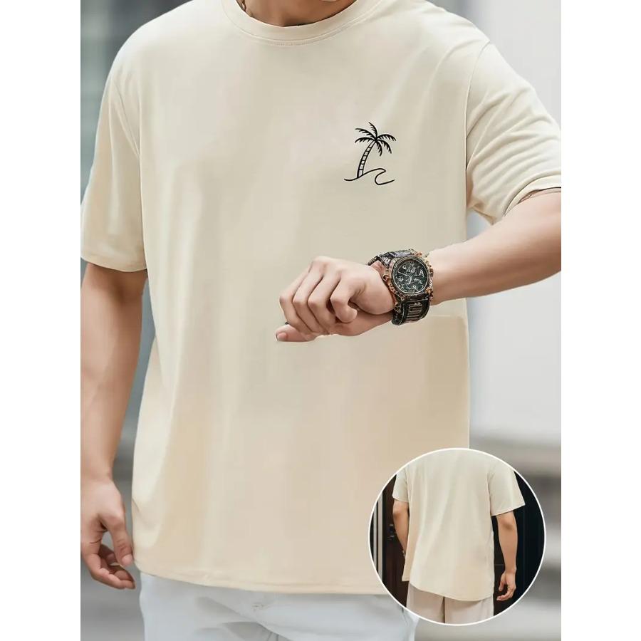 

Футболка из чистого хлопка с круглым вырезом и короткими рукавами, с узором в виде наброска кокосовой пальмы, мужская летняя модная футболка, повседневные и трендовые топы для ежедневной носки S абрикосовый