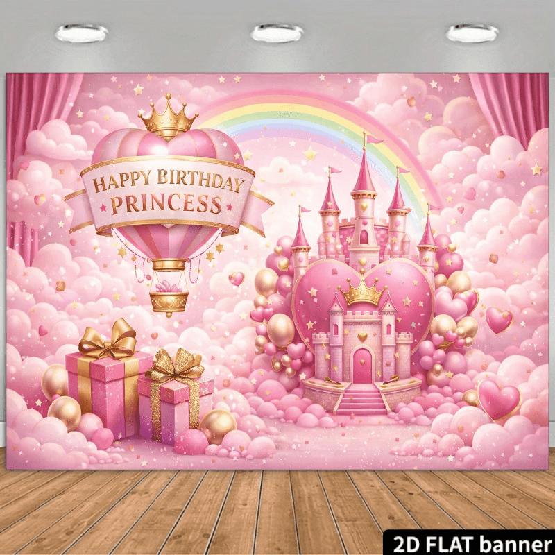 2d flat princess-style birthday theme background cloth with a pink fairy tale castle in the center of the picture