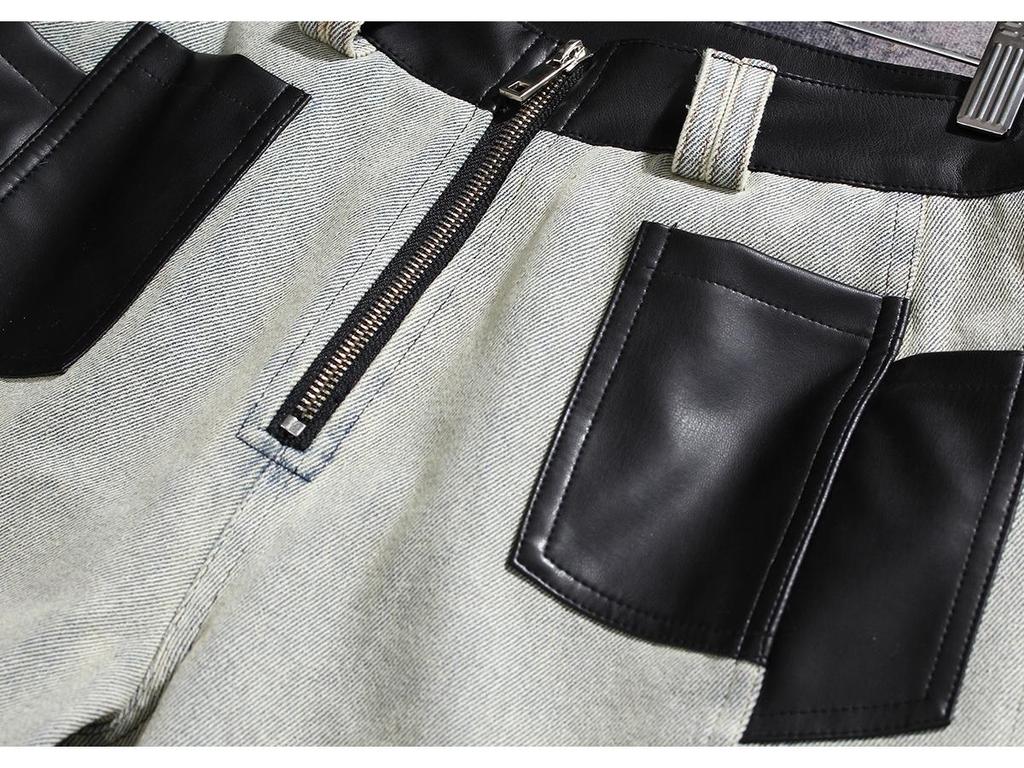 Women's Retro Washed Straight-Leg Jeans with Leather Splice, Contrasting Colors - 2025 Spring Street Style.