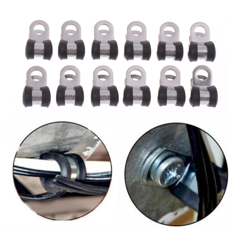 Compilation of 12 Brake & Gas Line Rubber Lined Metal Fixing Clamps, Wiring Hose Pipe R Clips, 3/16"