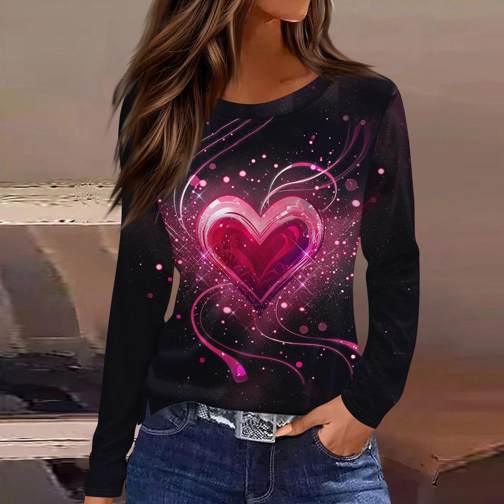 Damenmode Lässig Schlitz Saum Rundhals Langarm Lose Bedrucktes T-Shirt Damen Top