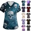 Damen V-Ausschnitt Kurzarm Kasack mit Taschen Halloween-Print Pflegekraft Uniform