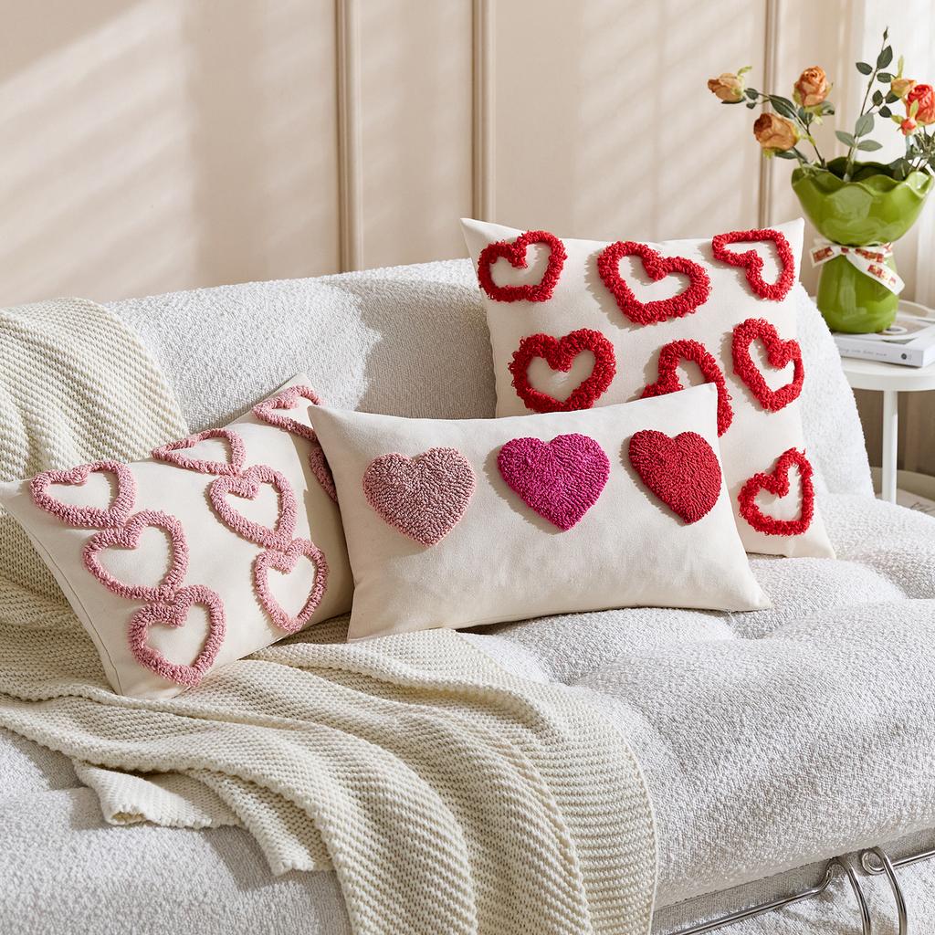 1pc Valentines Lumbar Gift Pillow Case Embroidery Heart Love Throw Cushion Case for Home Bedroom Sofa Couch Wedding Decoration
