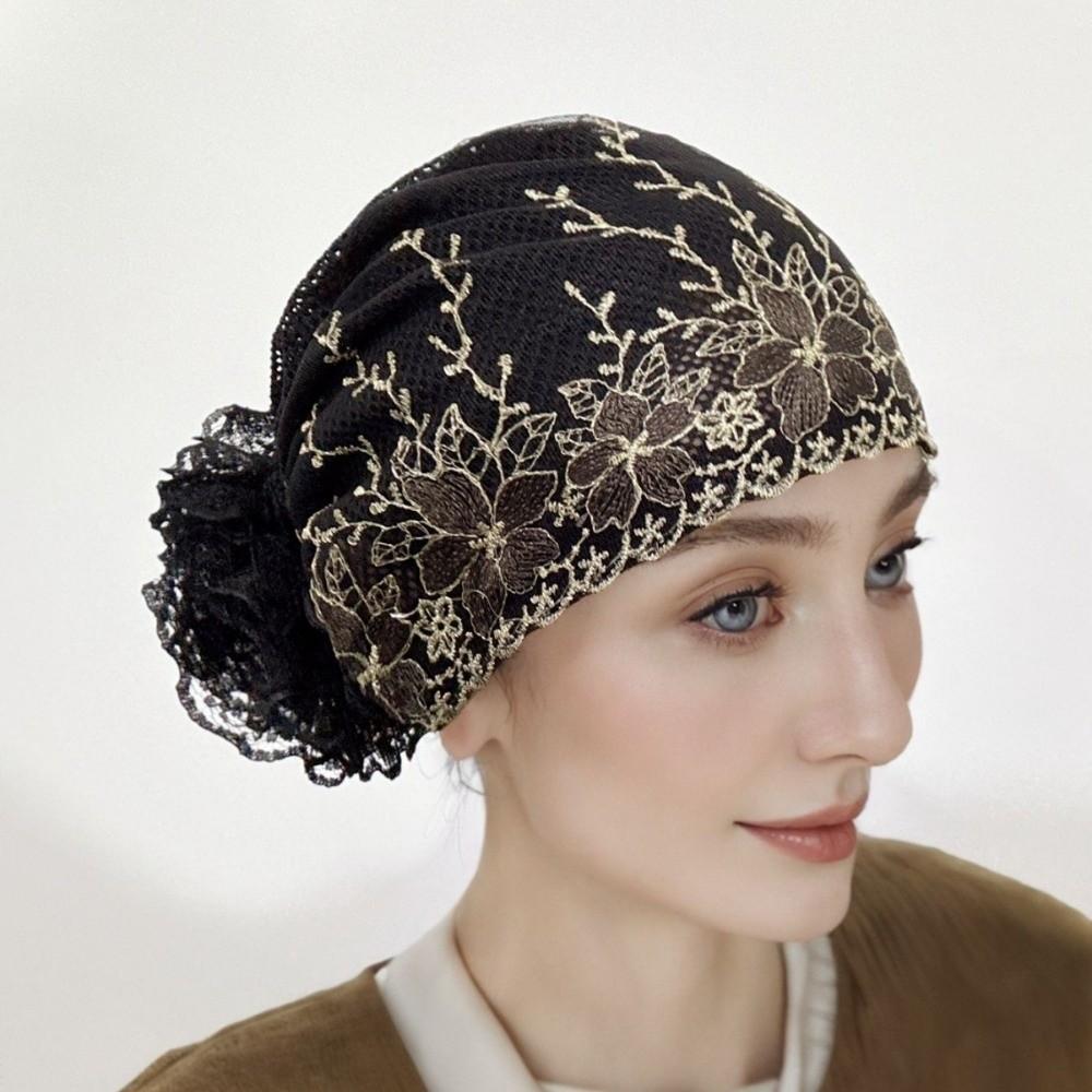 Soft Elastic Curly Hair Hat Embroidered Flowers Elderly Beauty Cap  All-match