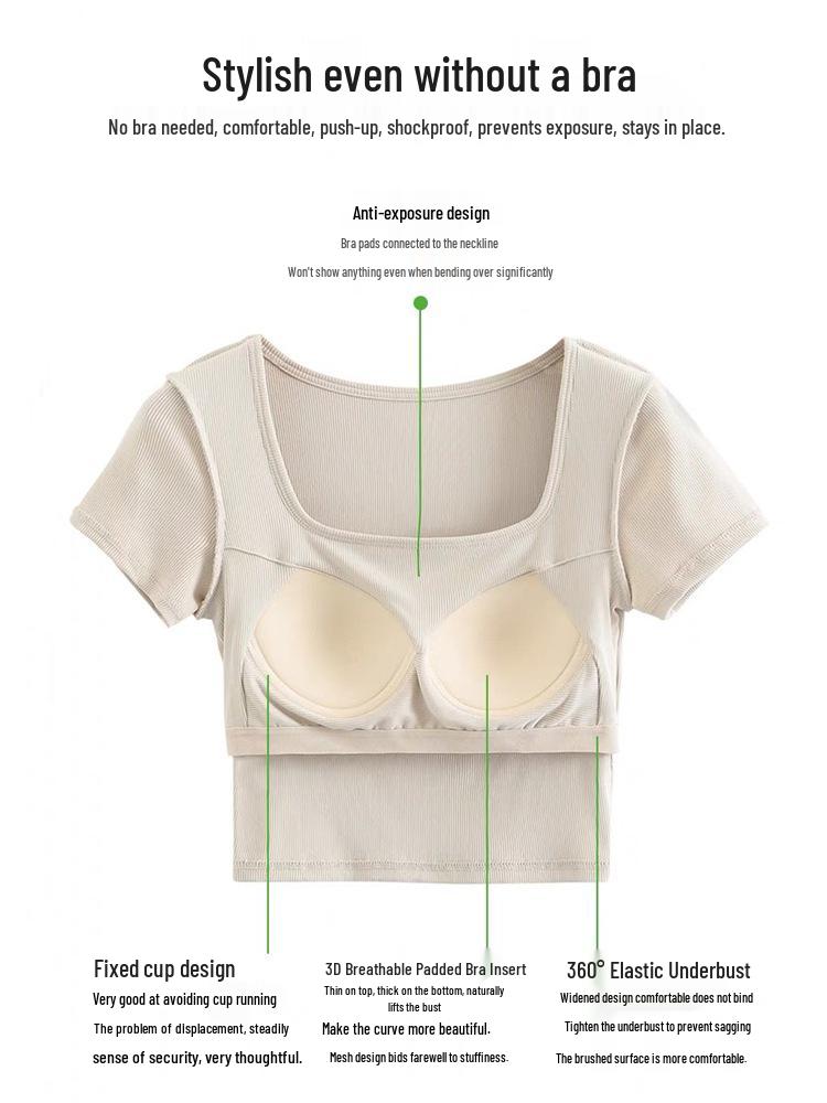 Wireless Bra Integrated Modal Square Neck Cool T-Shirt with Chest Pad