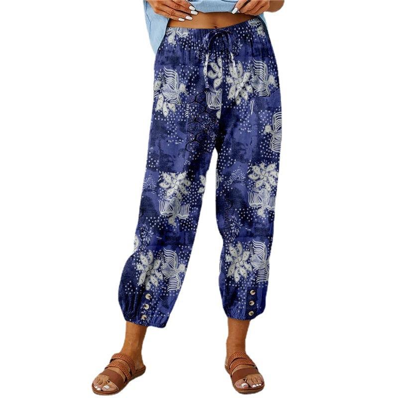Sommer frauen Hosen Baumwolle Leinen Hohe Taille Kordelzug Neun-viertel Hosen Elastische Taille Bundle Fuß Mund Retro Druck hosen