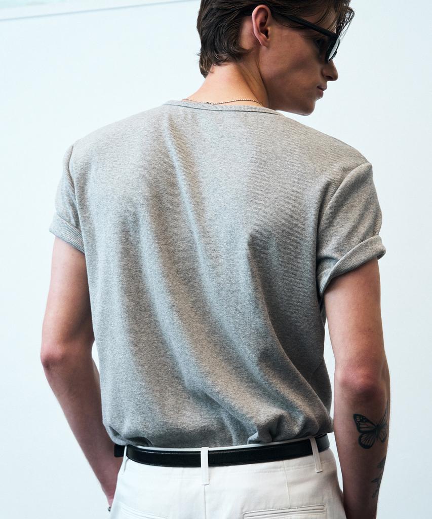 Beulleieo Double Layered Ribbed Henley Neck Short Sleeve T-Shirt [M.Grey]
