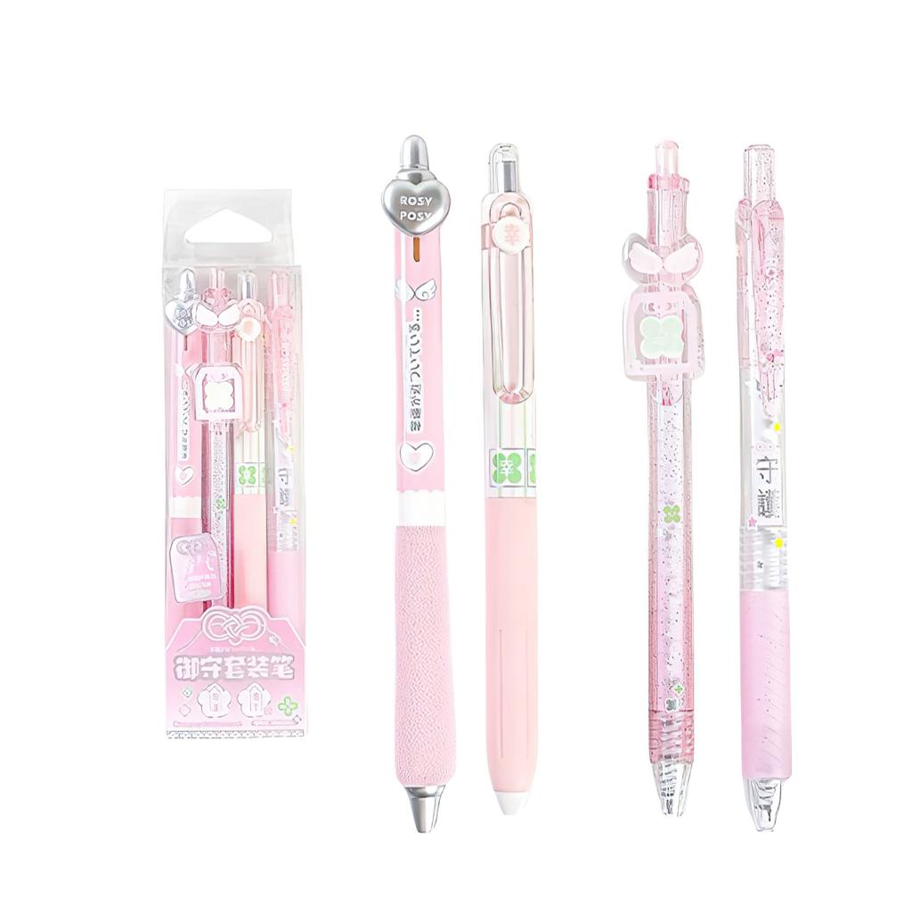 4pcs Good Luck Gel Pens Set Sweety Japanese Style 0.5mm Ballpoint Black Ink for Writing Student Back to School Kids Gift A3142