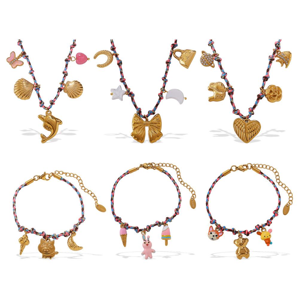 Fashion Creative Simple Color Rope DIY Pendant Bracelet Stainless Steel Gold-plated Love Pendant Necklace Jewelry Women