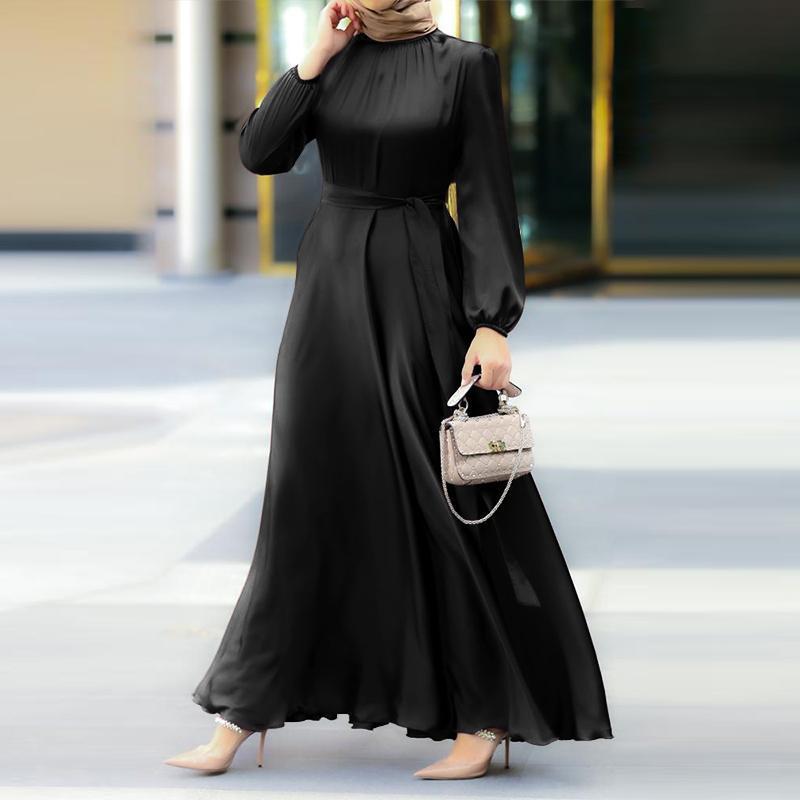 Women's Elegant Round Neck Lantern Sleeve Tie-Waist Slimming Robe Dress