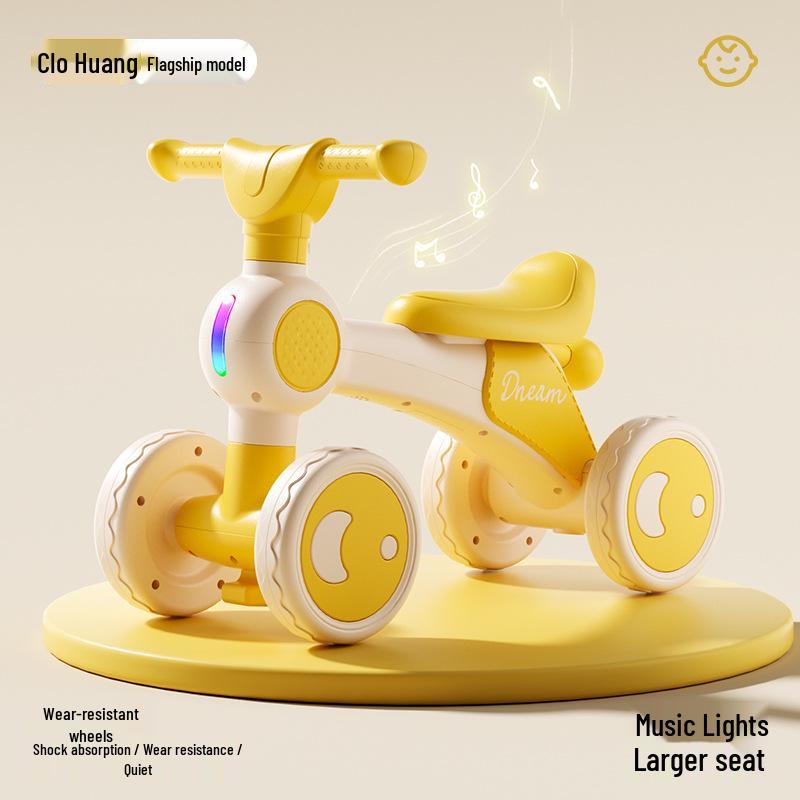 Children's Four-Wheel Balance Bike with Music and Lights, No Pedals, Ages 1-4.