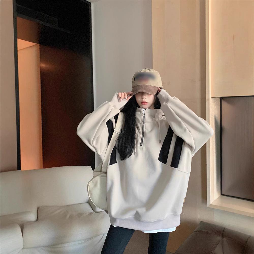 

Plus Size Color Block Sport Pullover Hoodie for Women - Slimming Lazy Style, Loose Fit, Ideal for Spring and Autumn L [100-120 lbs] абрикосовый/телесный