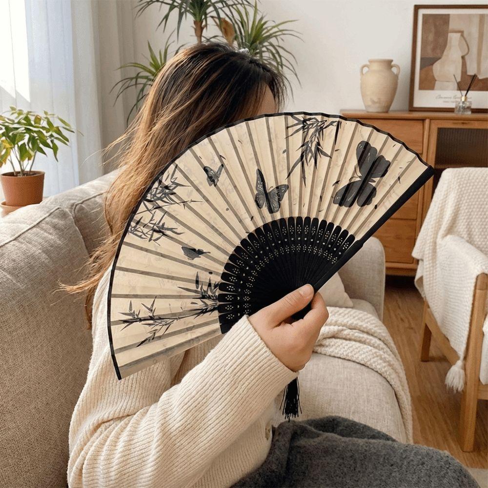Vintage Silk Folding Fan Wooden Handle Bamboo Fan Summer Cooling Hand Fold Fan  Party Favors