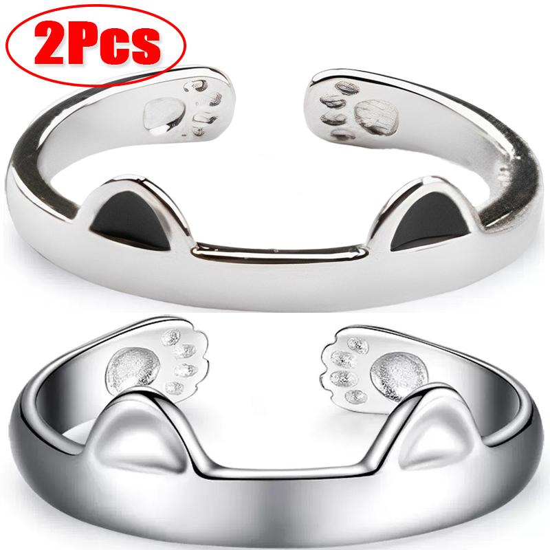 2Pcs Cute Cat Rings for Women Girls Adjustable Cat Ears Paw Animal Finger Ring Couple Cartoon Little Cat Kitten Gift Jewelry