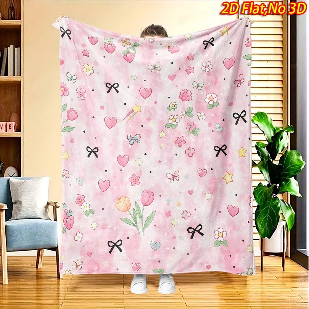 1pc 2D Flat Printing Spring And Summer New Arrival Pink Heart Flower Bow Theme Digital Print Blanket, All-Season Use, Casual Throw, 100% Polyester Fib