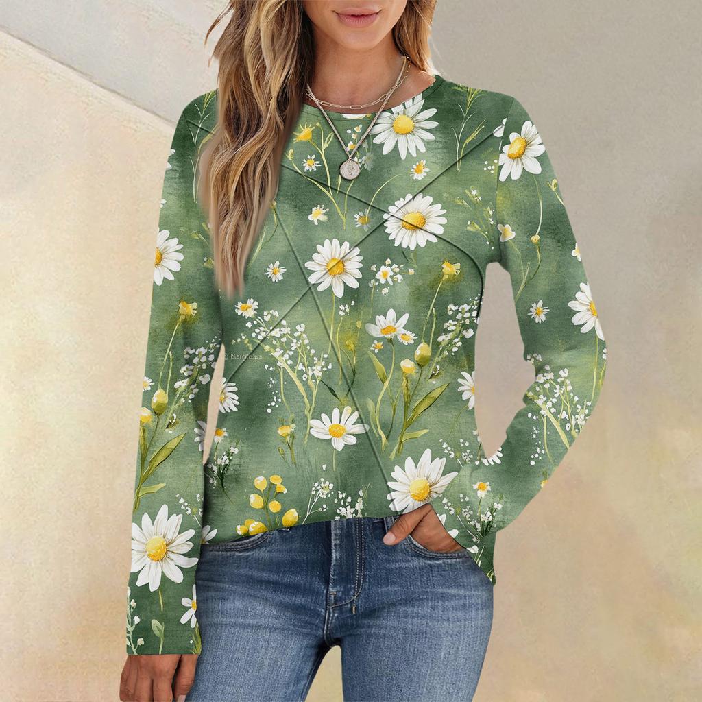 Mode Dam Långärmad Rundhals Casual Plisserad Blommig Lös Topp