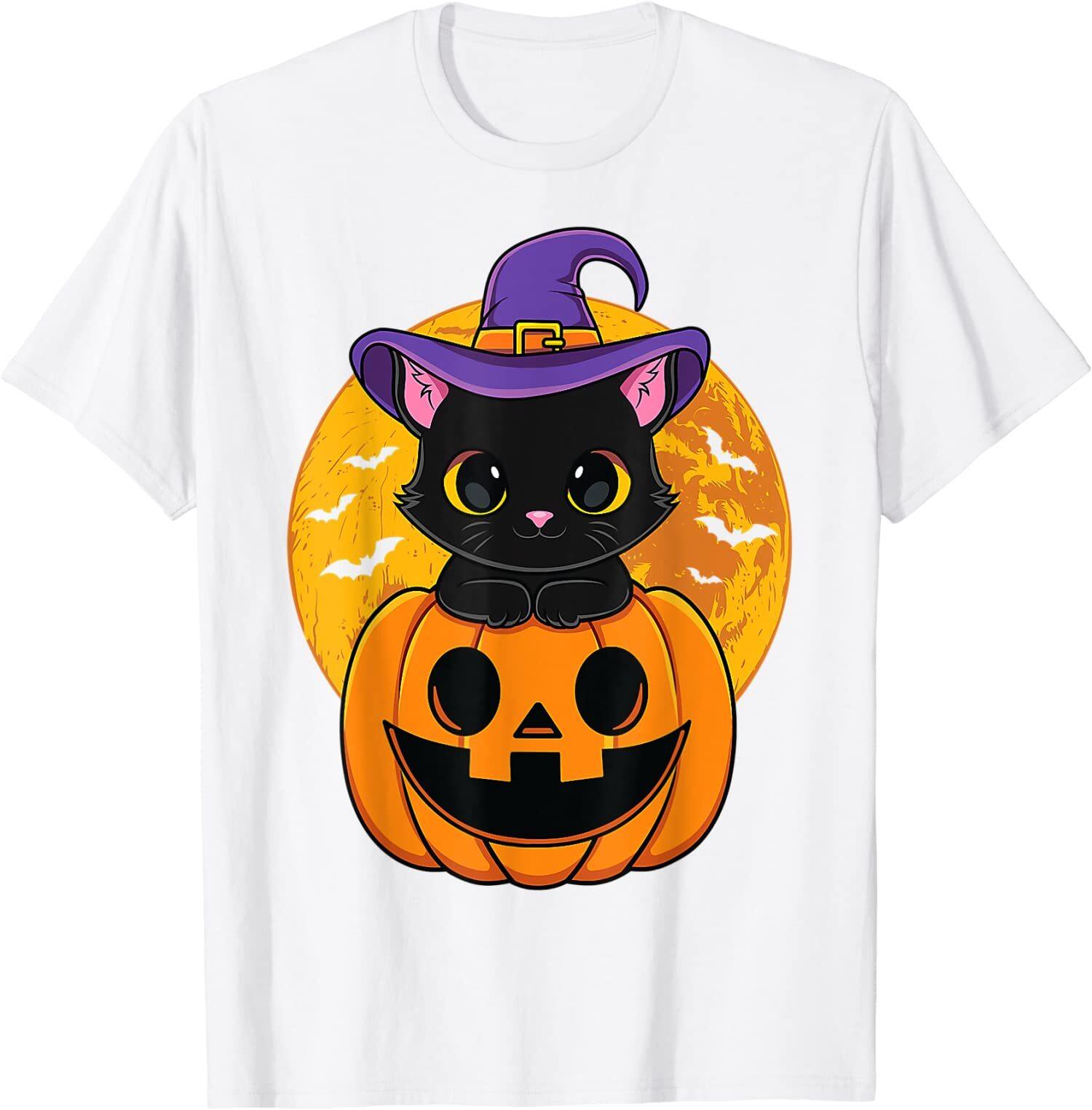 Cute Halloween Black Cat Witch Hat Pumpkin Funny Tee Unisex T-Shirt S разноцветный