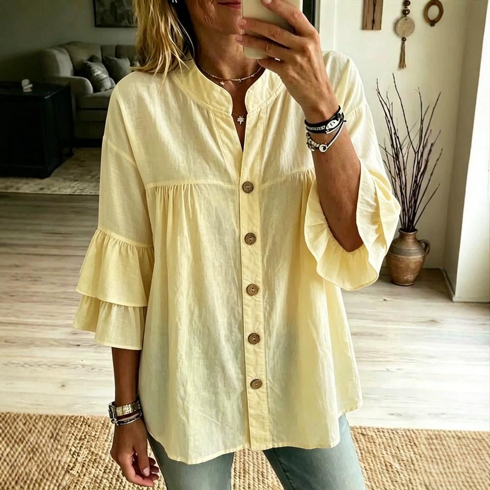 TIFICY Camicette e camicie con scollo a O, maniche a 3/4, stampa tinta unita, moda casual, primavera estate