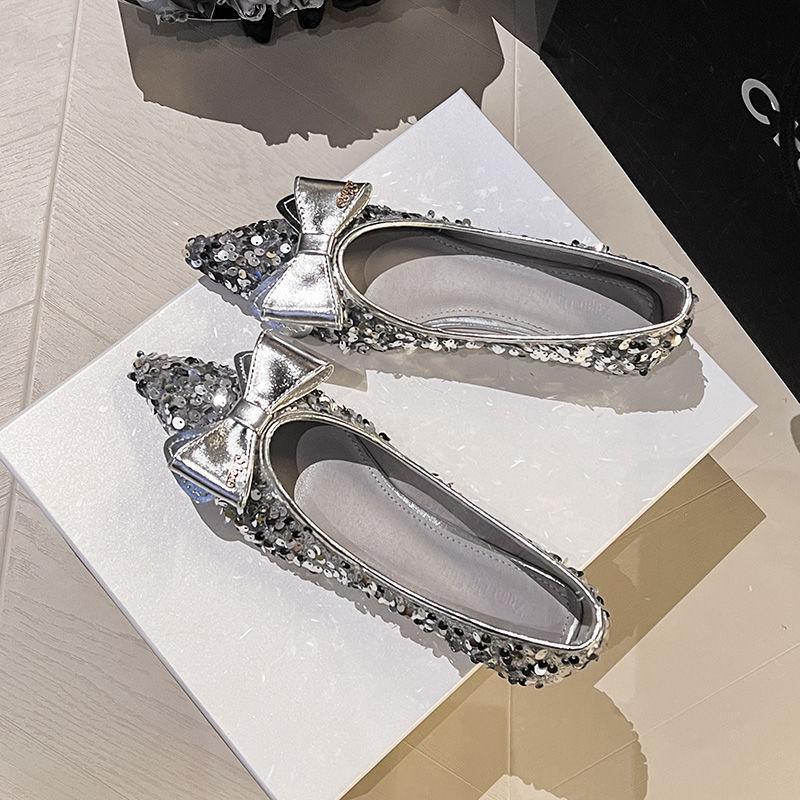 French Low-heeled Sequined Pointed Flat-soled Single Shoes Women's 2025 New Models, Early Spring Ladyshoes, Evening Shoes, Large-size Women's Shoes