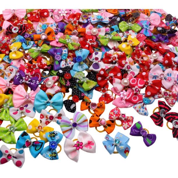 YOY 50 Pcs Adorable Grosgrain Ribbon Pet Dog Hair Bows with Elastic Rubber Bands - Doggy Kitty Topknot Grooming Accessories Set for Long Hair Puppy
