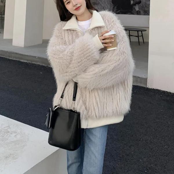 WTEMPO Kunstpelz-Reißverschlussmäntel Damen Herbst und Winter Dick Flauschiger Pelz Warm Locker Umlegekragen Mäntel