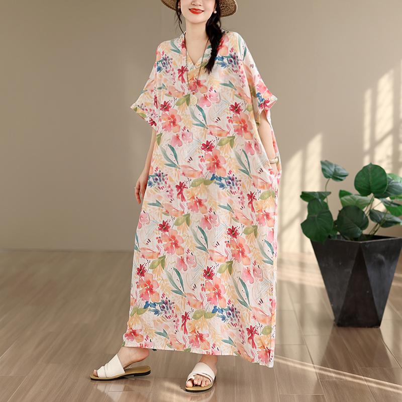 DIMANAF New 2026 Women Plus Size Summer Casual Loose Long Dress Cotton Oversize Maxi Floral Print Beach Sundress