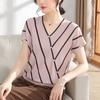 Mom Summer Striped Short Sleeved Ice Silk Knitted T-shirt Women's V-neck Top Thin