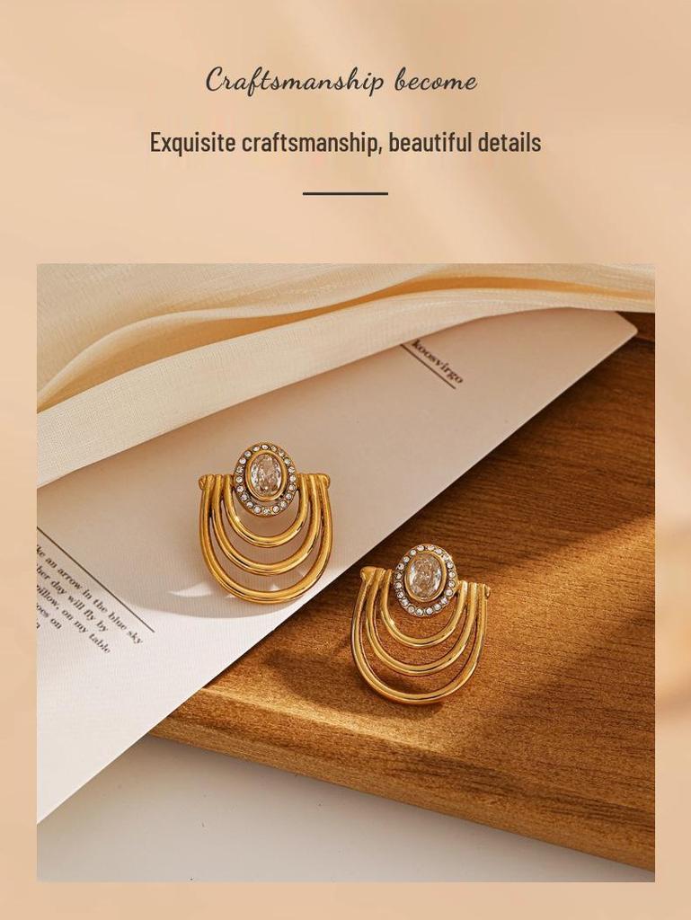 18K Gold Vacuum-Plated Stainless Steel Zirconia Stud Earrings - Women's High-End European American Retro Style, Waterproof with Polished Finish