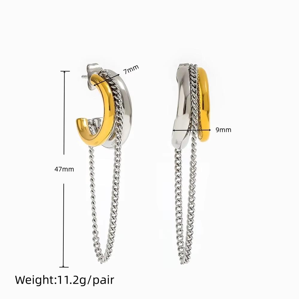 Fenny High End 18K Gold-plated  Double Layer Chain Tassel Two Tone Stainless Steel Hoop Earring for Women