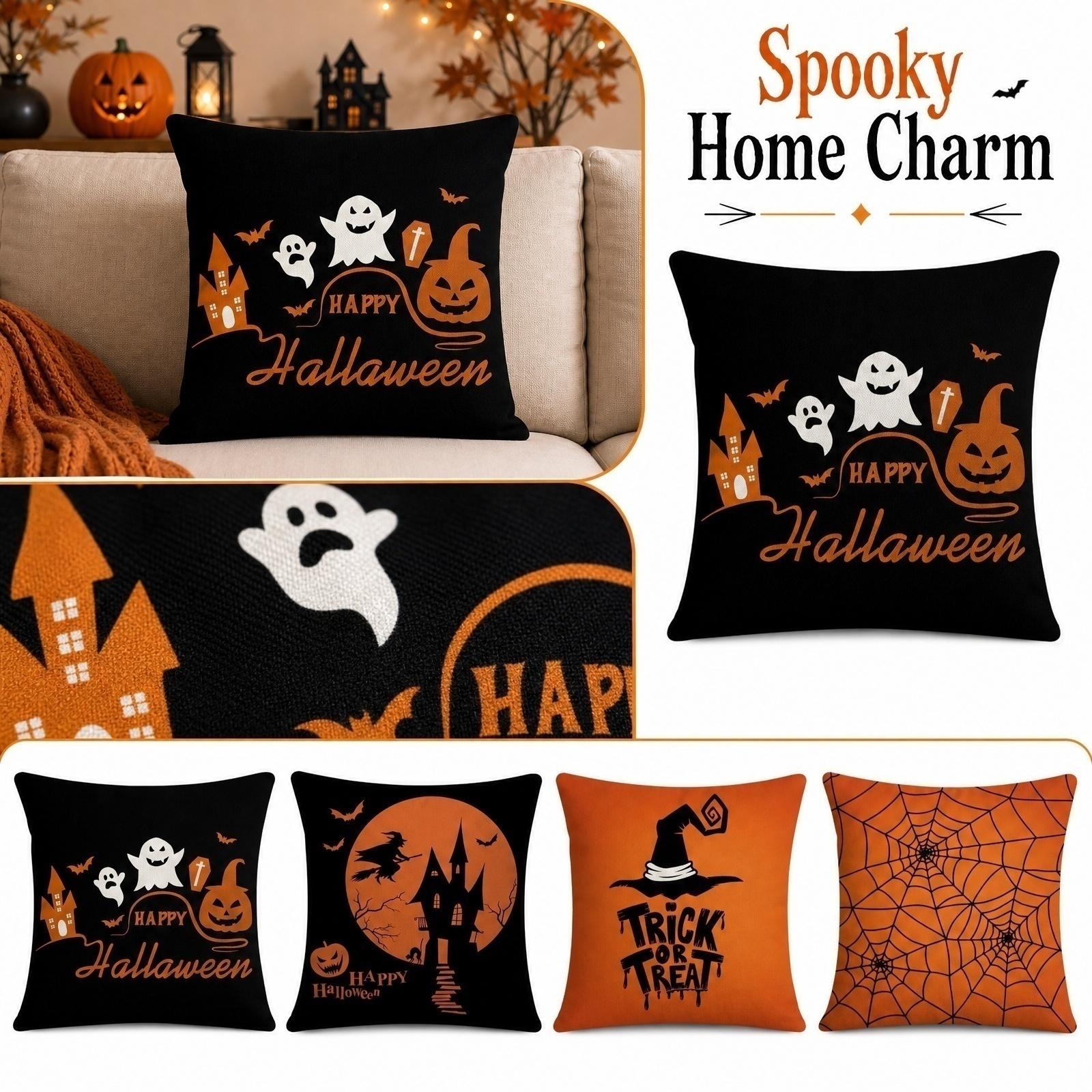 4PCS Halloween Pillow Covers Linen Decorative Cushion Covers Halloween Themed Throw Pillow Cases for Home Sofa Bedroom Living Room one size