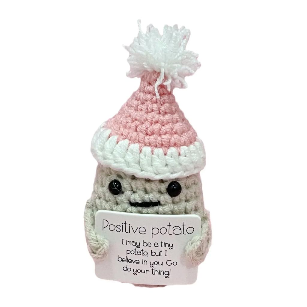 White Elephant Gifts Potato Mini Funny Knitted Wool Toy with Positive Card Cute Creative Life Doll Potato for Birthday Gift