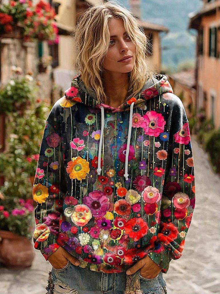 WWomen's Floral Print Flower Hoodie Top Long Sleeve Crew Neck Pullover Sweatshirt
