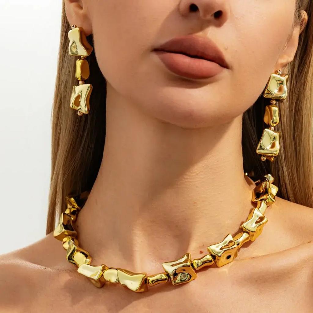 New Punk Trendy Irregular CCB Necklace Drop Earrings for Women Vintage Adjustable Clavicle Chain Party Grunge Jewelry Set