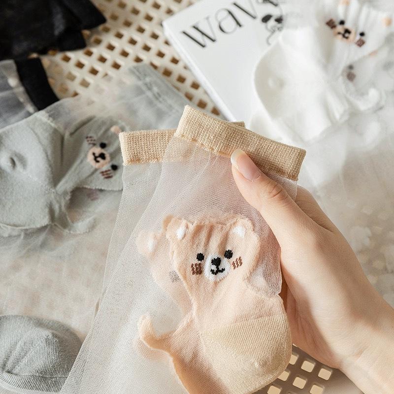 5/10 Pairs Women Little Bear Pattern Transparent Mid Tube Socks Spring Summer Thin Breathable Soft Comfortable Casual Socks